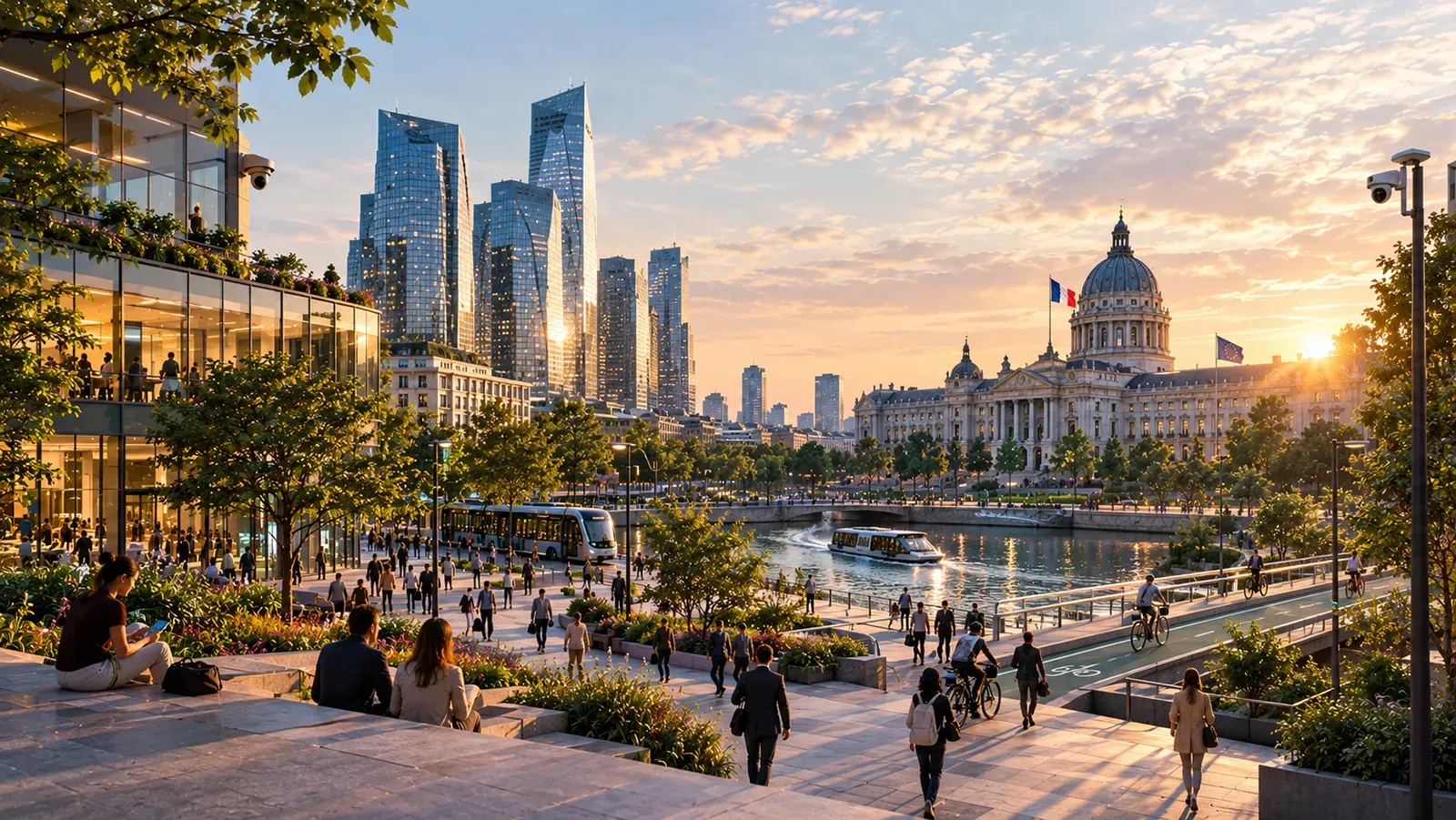 Ville moderne au coucher du soleil : tours de verre, bâtiment gouvernemental à dôme arborant les drapeaux français et européen, tramway, navette fluviale et piétons sur une esplanade arborée